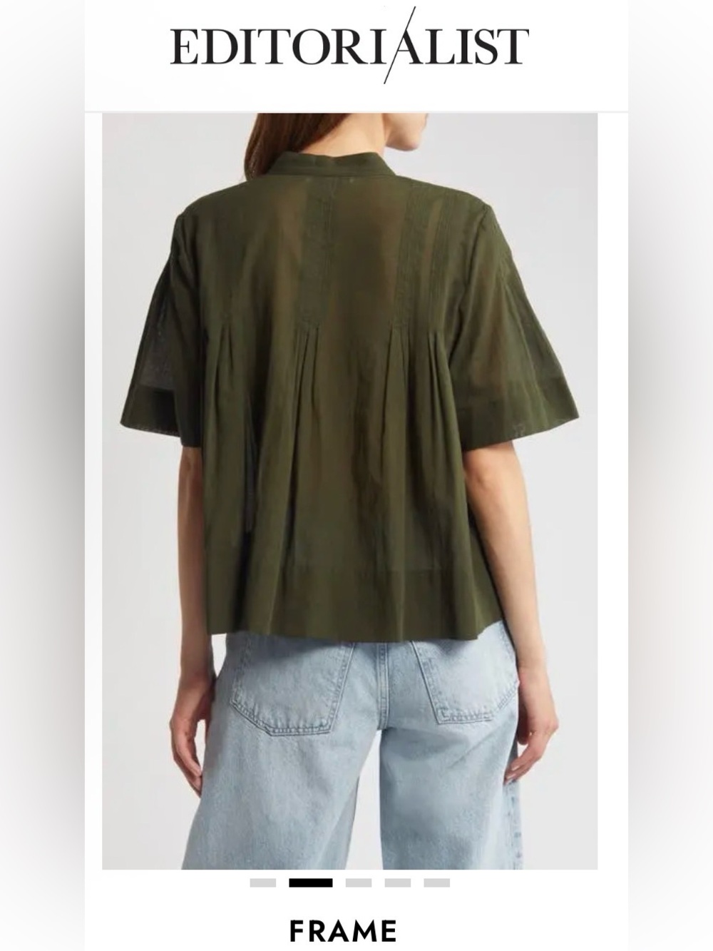 FRAME Dark Green Short-Sleeve Pintucked Button-Front Top - Picture 4 of 10
